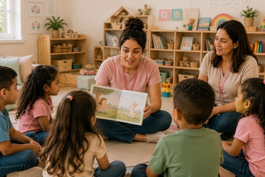 Estagiária conduzindo uma atividade pedagógica com crianças na Educação Infantil