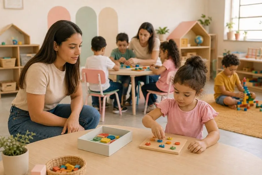 Estagiária apoiando uma criança durante uma atividade, permitindo que ela realize parte da proposta com autonomia