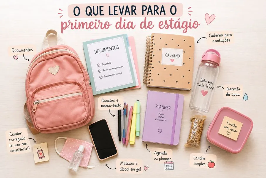 Materiais para o primeiro dia de estágio em Educação Infantil, incluindo documentos, caderno, canetas, planner, garrafa de água e lanche