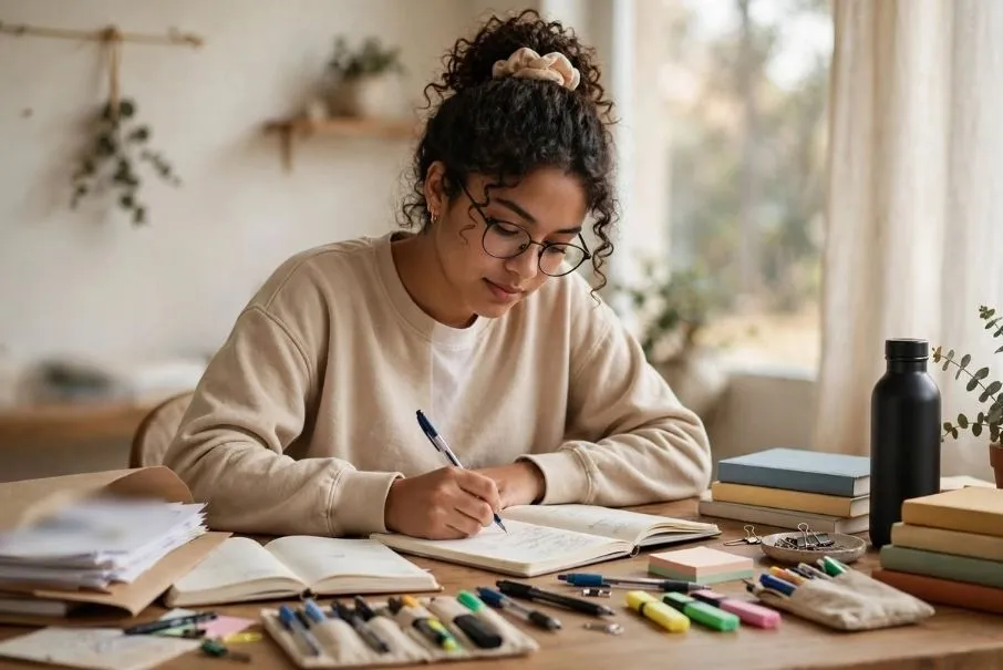 Estudante de Pedagogia organizando anotações e dúvidas antes do primeiro dia de estágio