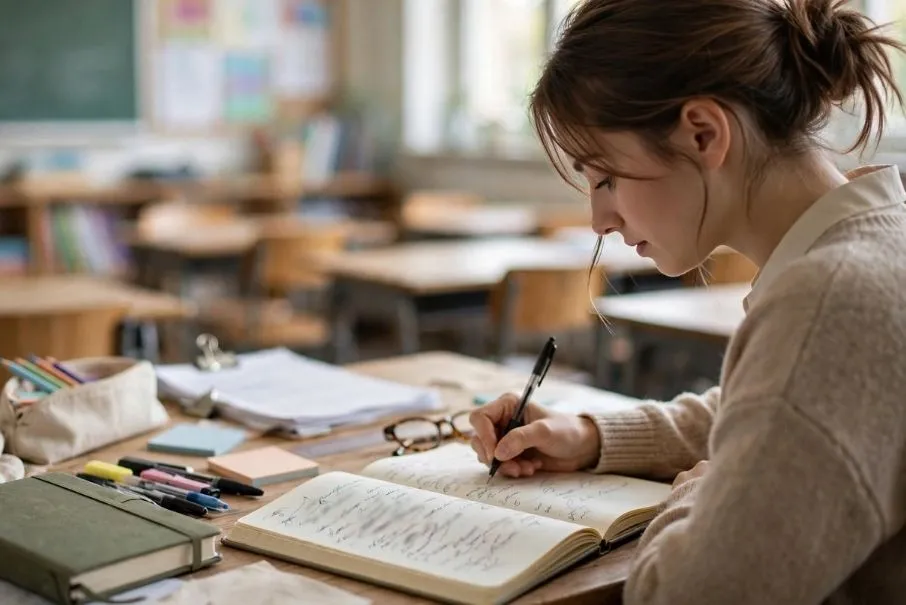 Caderno de diário de bordo com anotações sobre rotina da turma e combinados feitos com a professora regente