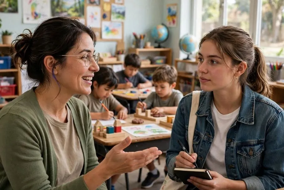Estagiária de Pedagogia conhecendo a rotina da turma junto com a professora regente